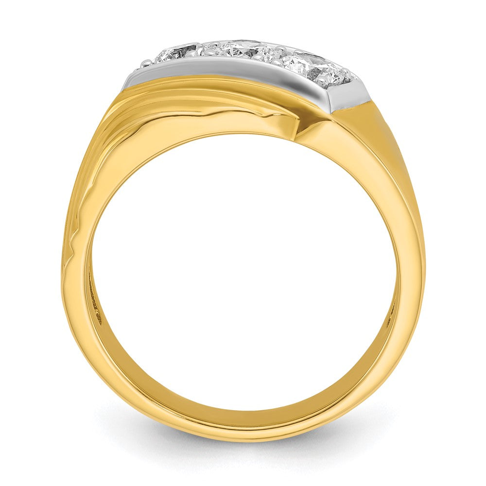 14k Yellow Gold White Rhodium Men's Polished and Grooved 3-Stone 1 Carat Diamond Ring Size 10