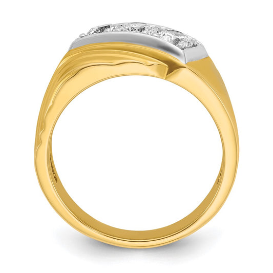 14k Yellow Gold White Rhodium Men's Polished and Grooved 3-Stone 1 Carat Diamond Ring Size 10