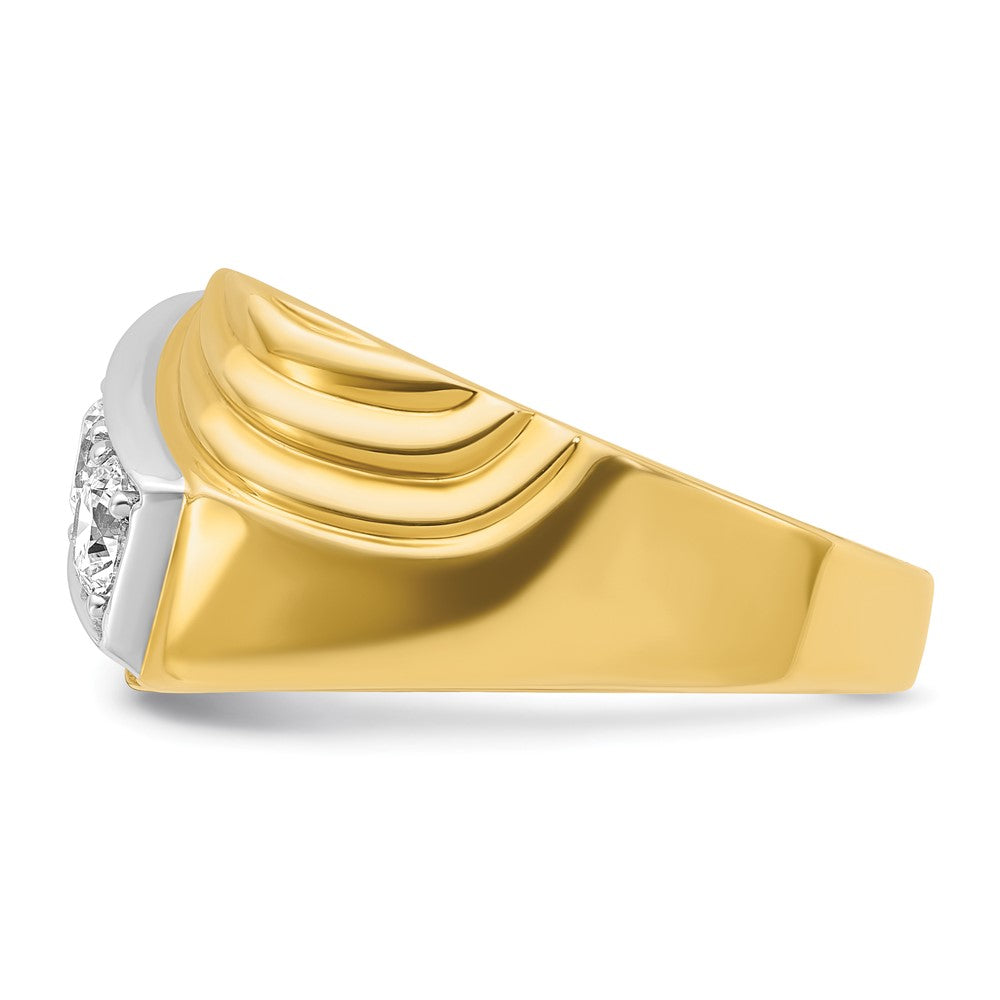 14k Yellow Gold White Rhodium Men's Polished and Grooved 3-Stone 1 Carat Diamond Ring Size 10