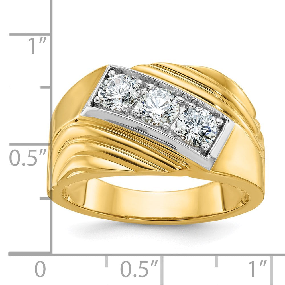 14k Yellow Gold White Rhodium Men's Polished and Grooved 3-Stone 1 Carat Diamond Ring Size 10