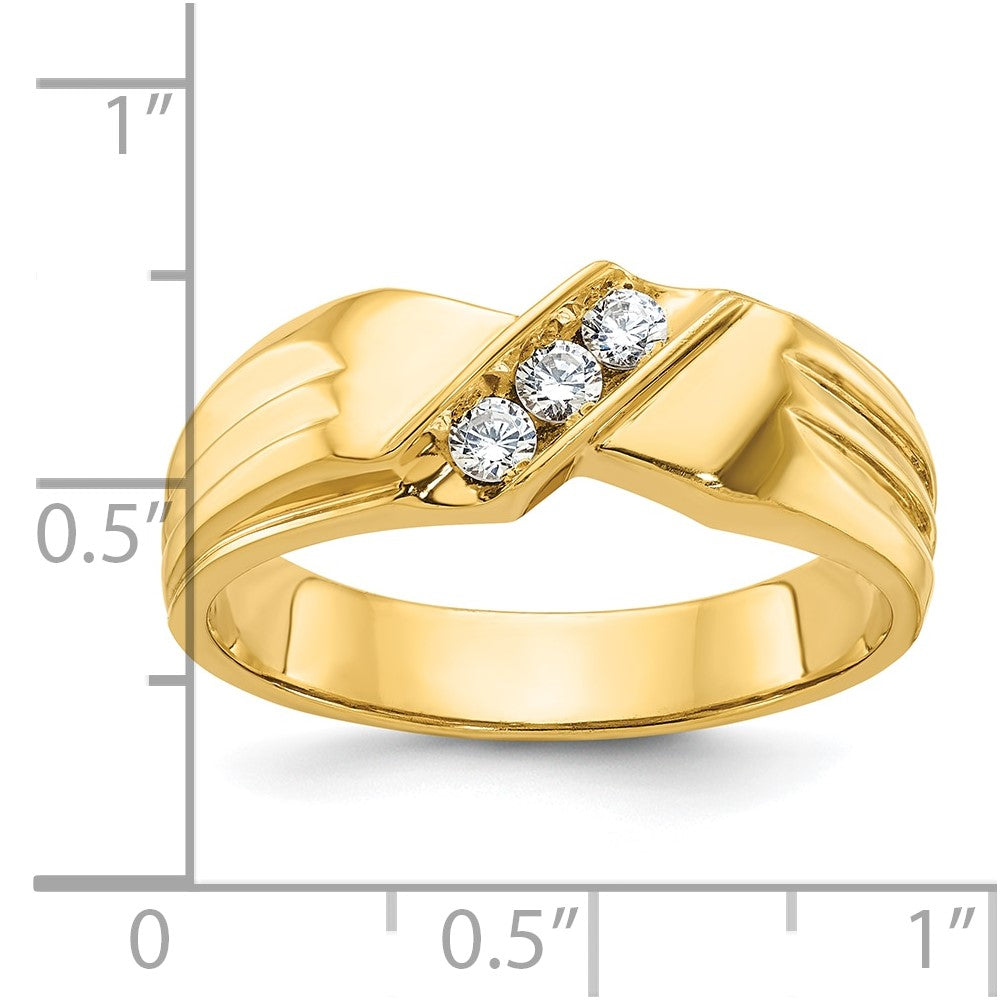14k Yellow Gold Men's Polished and Grooved 3-Stone 1/5 Carat Diamond Ring Size 10