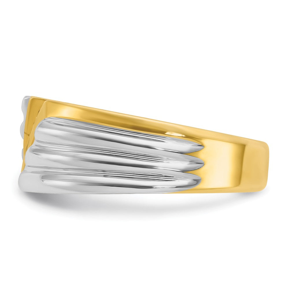 14k Two-tone Gold Men's Polished and Grooved 3-Stone 1/6 Carat Diamond Ring Size 10