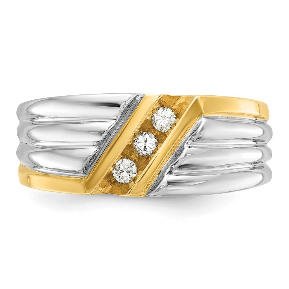 14k Two-tone Gold Men's Polished and Grooved 3-Stone 1/6 Carat Diamond Ring Size 10