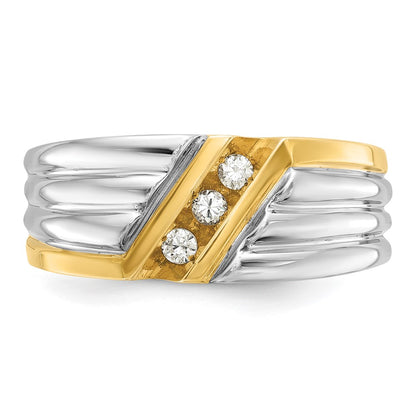 14k Two-tone Gold Men's Polished and Grooved 3-Stone 1/6 Carat Diamond Ring Size 10