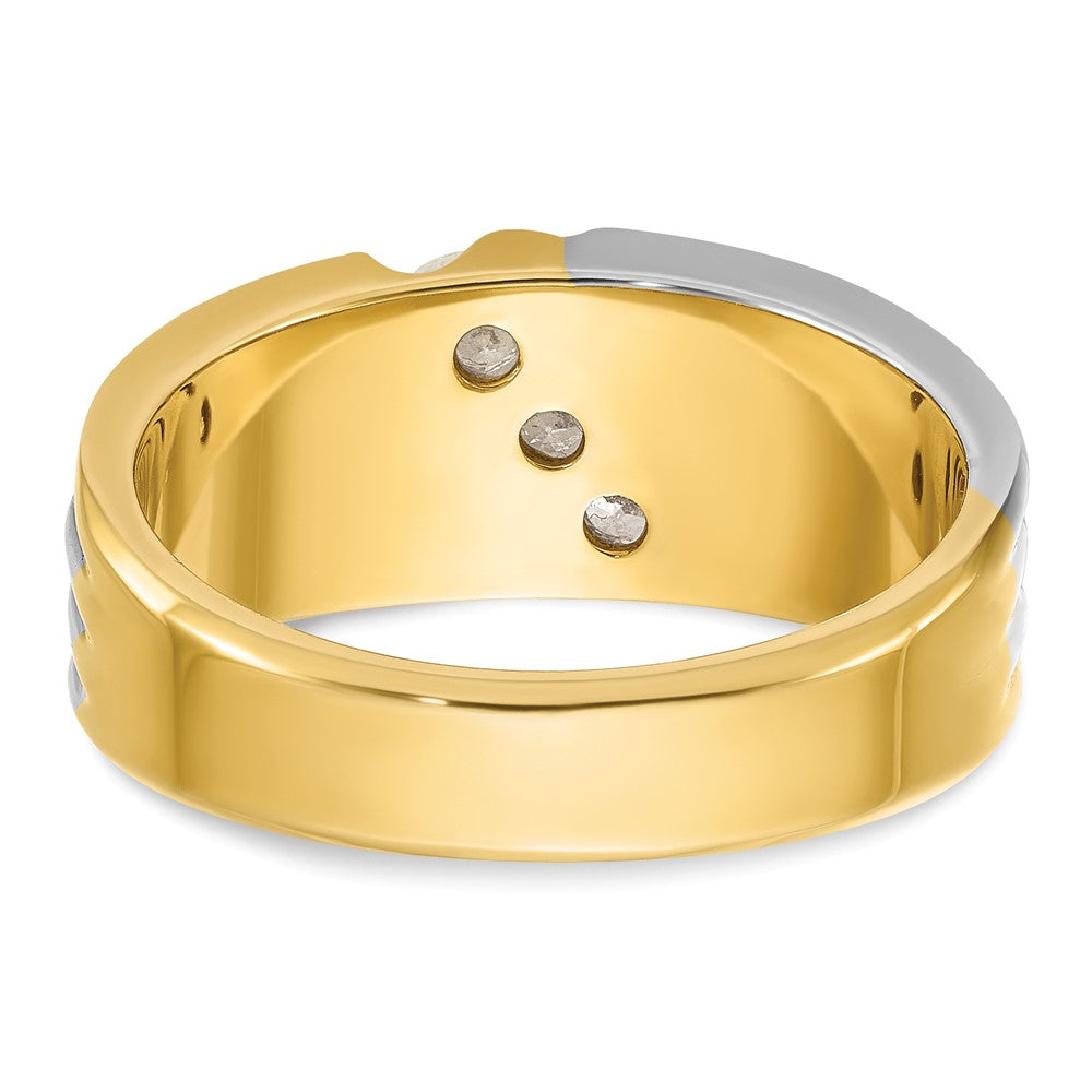 14k Two-tone Gold Men's Polished and Grooved 3-Stone 1/6 Carat Diamond Ring Size 10