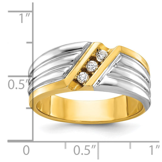 14k Two-tone Gold Men's Polished and Grooved 3-Stone 1/6 Carat Diamond Ring Size 10