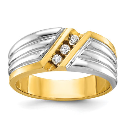 14k Two-tone Gold Men's Polished and Grooved 3-Stone 1/6 Carat Diamond Ring Size 10