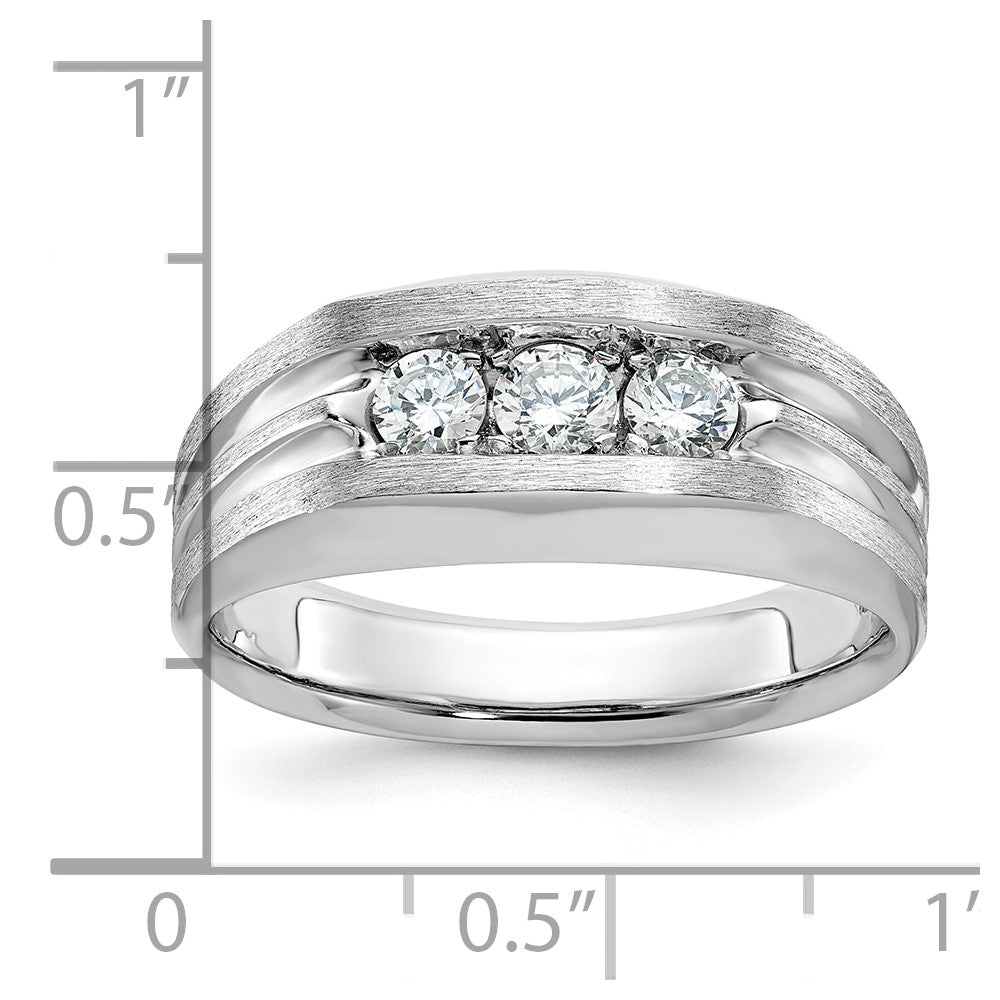 14k White Gold Men's Polished Satin and Grooved 3-Stone 1/2 Carat Diamond Ring Size 10