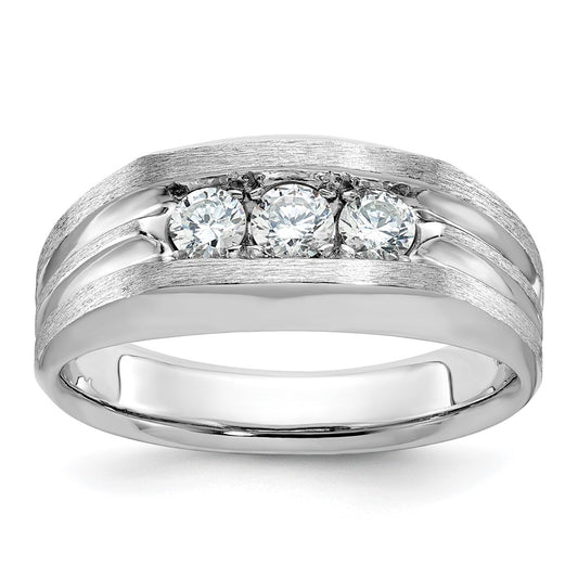 14k White Gold Men's Polished Satin and Grooved 3-Stone 1/2 Carat Diamond Ring Size 10