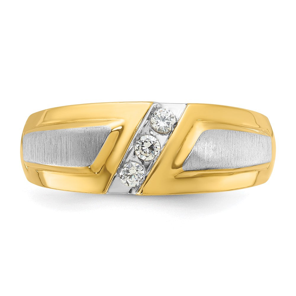 14k Two-tone Gold Men's Polished and Satin 3-Stone 1/5 Carat Diamond Ring Size 10