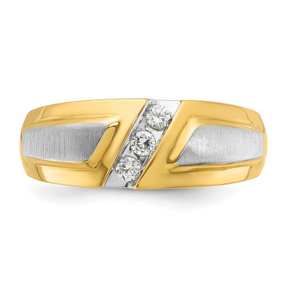 14k Two-tone Gold Men's Polished and Satin 3-Stone 1/5 Carat Diamond Ring Size 10