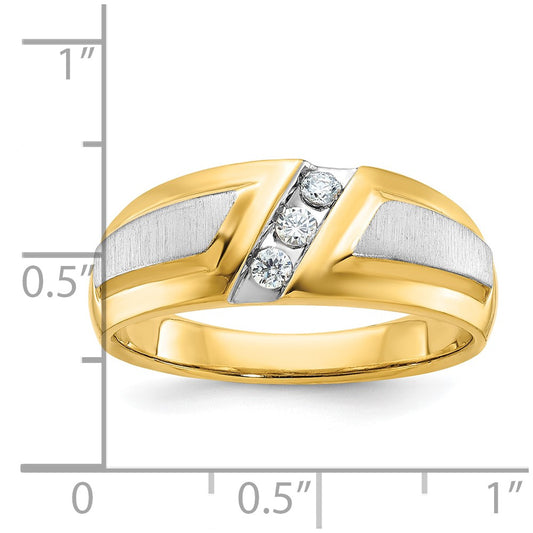 14k Two-tone Gold Men's Polished and Satin 3-Stone 1/5 Carat Diamond Ring Size 10