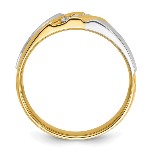 14k Two-tone Gold Men's Polished Satin and Grooved 3-Stone 1/6 Carat Diamond Ring Size 10