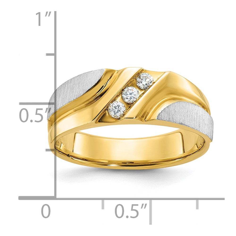 14k Two-tone Gold Men's Polished Satin and Grooved 3-Stone 1/6 Carat Diamond Ring Size 10