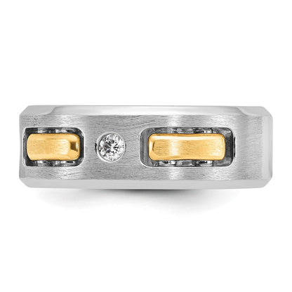 14k Two-tone Gold Men's Polished Satin and Cut-Out 1/6 Carat Diamond 3-Stone Ring Size 10