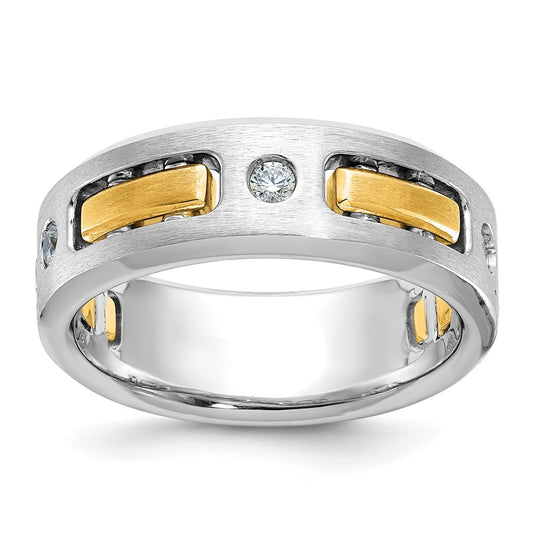 14k Two-tone Gold Men's Polished Satin and Cut-Out 1/6 Carat Diamond 3-Stone Ring Size 10