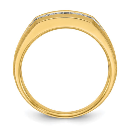 14k Yellow Gold White Rhodium Men's Polished Satin and Grooved 3-Stone 1/2 Carat Diamond Ring Size 10
