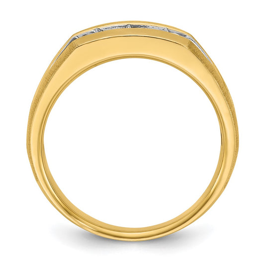 14k Yellow Gold White Rhodium Men's Polished Satin and Grooved 3-Stone 1/2 Carat Diamond Ring Size 10