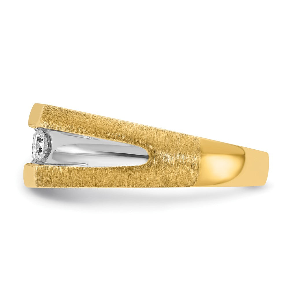14k Yellow Gold White Rhodium Men's Polished Satin and Grooved 3-Stone 1/2 Carat Diamond Ring Size 10