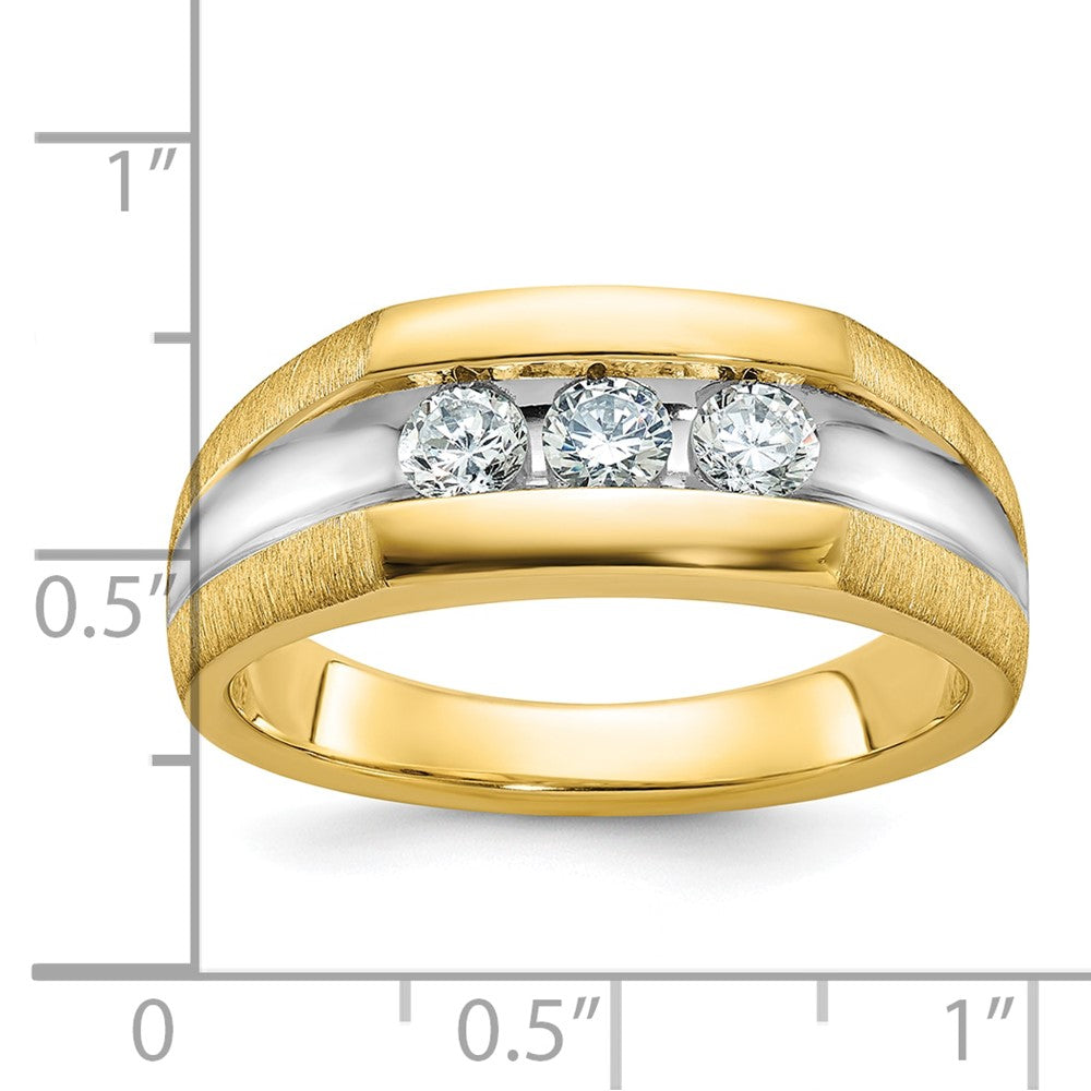 14k Yellow Gold White Rhodium Men's Polished Satin and Grooved 3-Stone 1/2 Carat Diamond Ring Size 10
