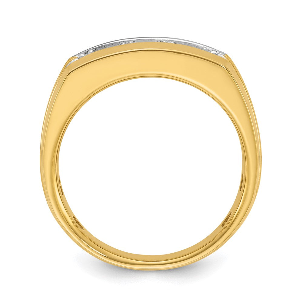 14k Yellow Gold White Rhodium Men's Polished and Grooved 3-Stone 1/2 Carat Diamond Ring Size 10