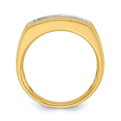 14k Yellow Gold White Rhodium Men's Polished and Grooved 3-Stone 1/2 Carat Diamond Ring Size 10