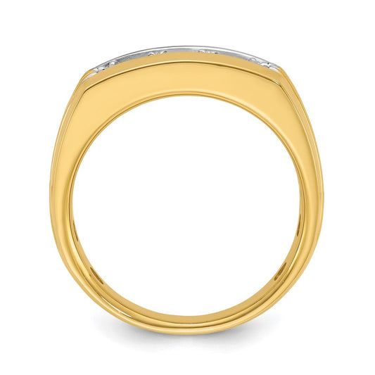 14k Yellow Gold White Rhodium Men's Polished and Grooved 3-Stone 1/2 Carat Diamond Ring Size 10