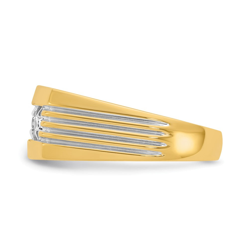 14k Yellow Gold White Rhodium Men's Polished and Grooved 3-Stone 1/2 Carat Diamond Ring Size 10