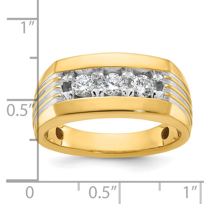 14k Yellow Gold White Rhodium Men's Polished and Grooved 3-Stone 1/2 Carat Diamond Ring Size 10