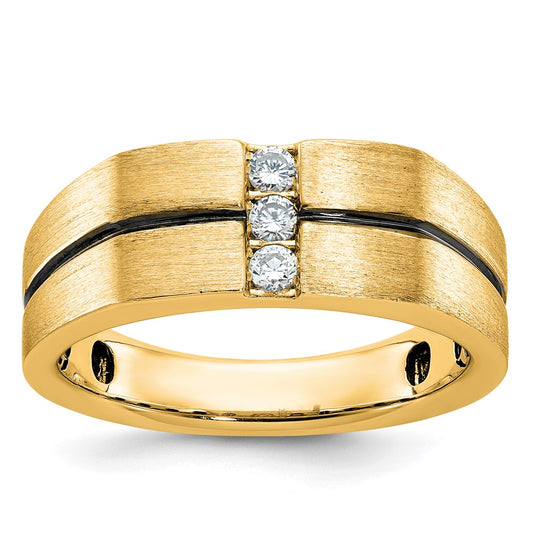 10k Yellow Gold Black Rhodium Men's Satin and Grooved 3-Stone 1/5 Carat Diamond Ring Size 10
