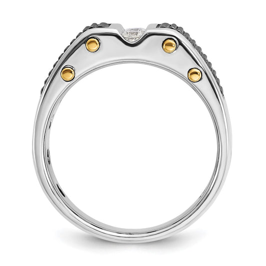14k Two-tone Gold with Black Rhodium Men's Polished and Textured 3-Stone 1/4 Carat Diamond Ring Size 10