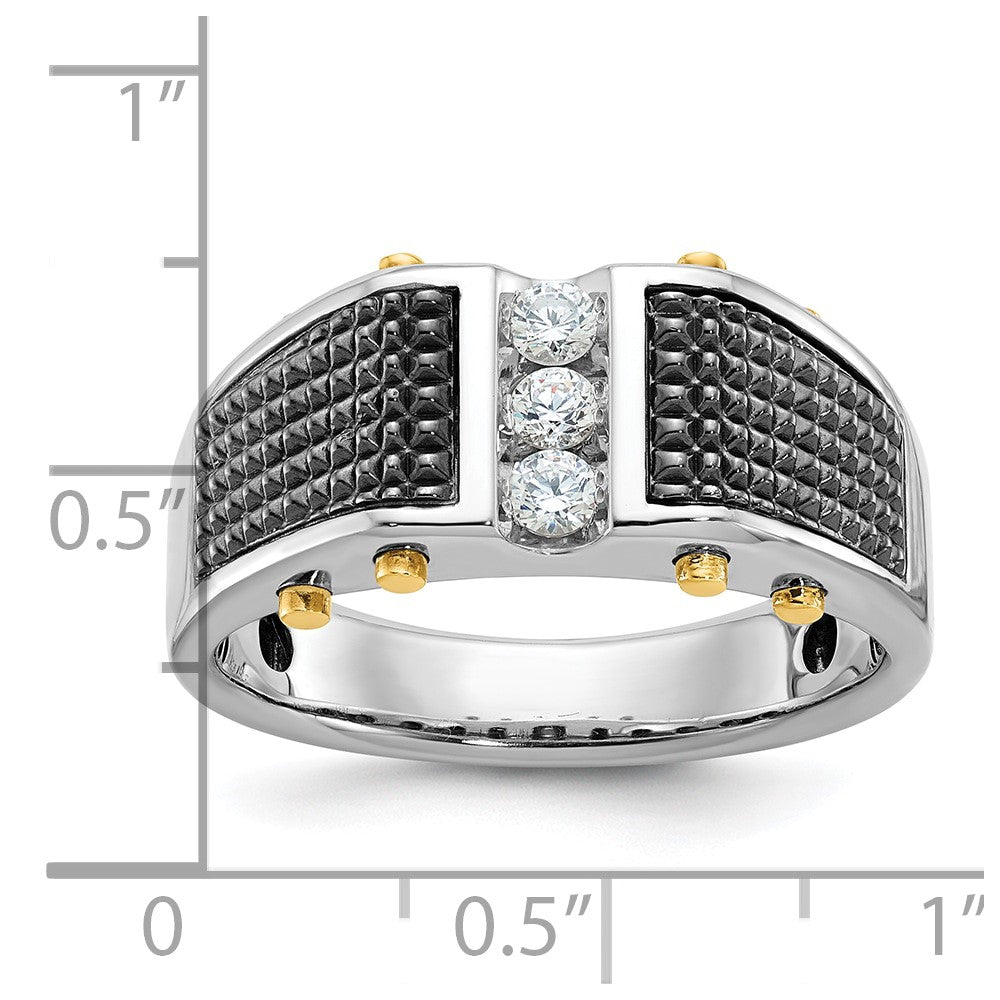 14k Two-tone Gold with Black Rhodium Men's Polished and Textured 3-Stone 1/4 Carat Diamond Ring Size 10