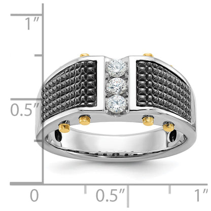 14k Two-tone Gold with Black Rhodium Men's Polished and Textured 3-Stone 1/4 Carat Diamond Ring Size 10