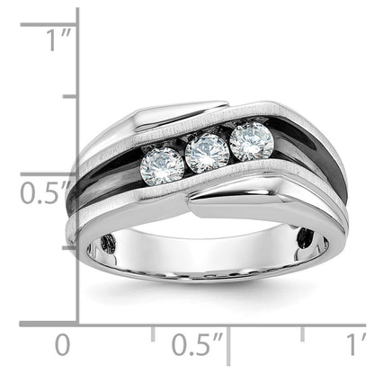 14k White Gold with Black Rhodium Men's Polished Satin and Grooved 3-Stone 1/2 Carat Diamond Ring Size 10