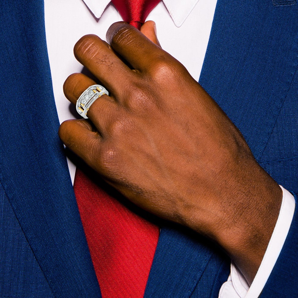 14k Two-tone Gold Men's Polished Grooved and Cut-Out 3-Stone 1/2 Carat Diamond Ring Size 10