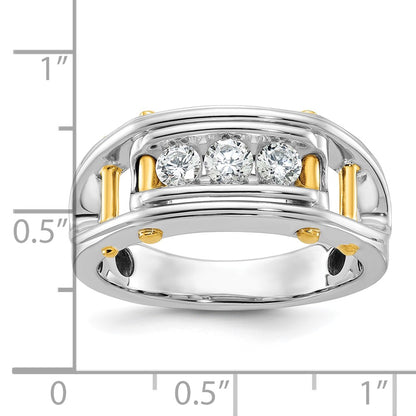 14k Two-tone Gold Men's Polished Grooved and Cut-Out 3-Stone 1/2 Carat Diamond Ring Size 10