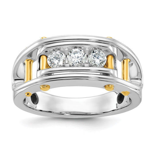 14k Two-tone Gold Men's Polished Grooved and Cut-Out 3-Stone 1/2 Carat Diamond Ring Size 10