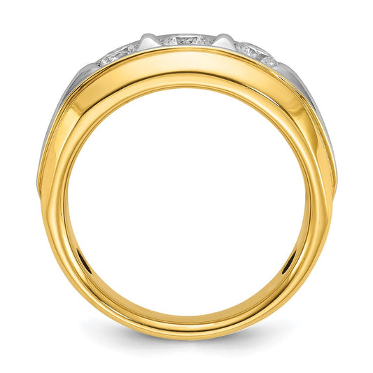 14k Two-tone Gold Men's Polished and Grooved 3-Stone 3/4 Carat Diamond Ring Size 10