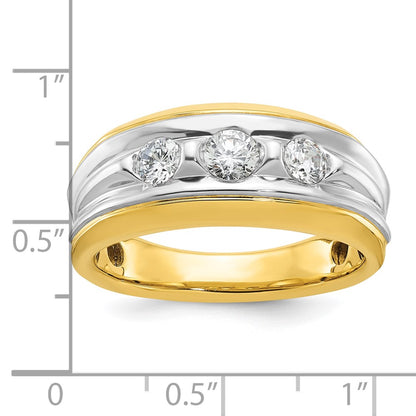 14k Two-tone Gold Men's Polished and Grooved 3-Stone 3/4 Carat Diamond Ring Size 10