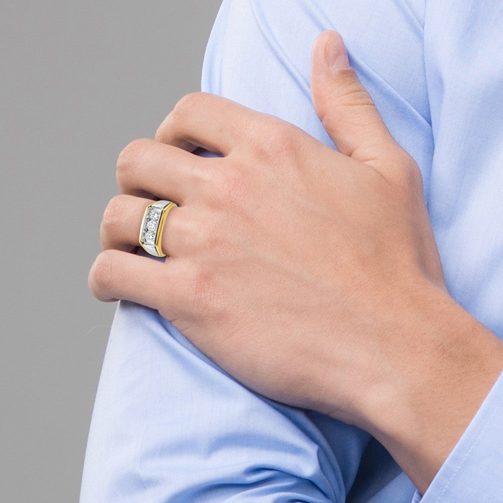14k Two-tone Gold Men's Polished and Grooved 3-Stone 1 Carat Diamond Ring Size 10