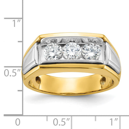 14k Two-tone Gold Men's Polished and Grooved 3-Stone 1 Carat Diamond Ring Size 10