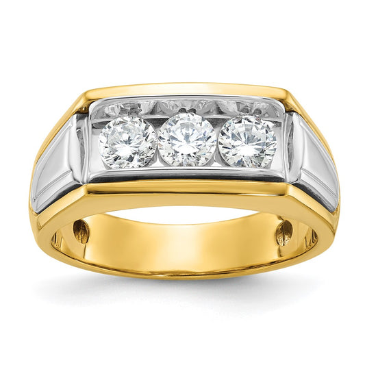 14k Two-tone Gold Men's Polished and Grooved 3-Stone 1 Carat Diamond Ring Size 10