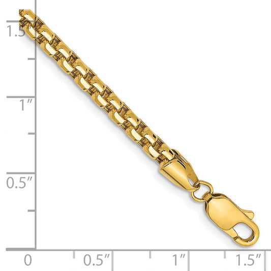 14k Yellow Gold 3.6mm Semi-Solid Round Box with Lobster Clasp Bracelet 8"