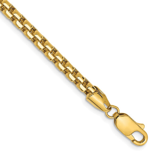 14k Yellow Gold 3.6mm Semi-Solid Round Box with Lobster Clasp Bracelet 8"