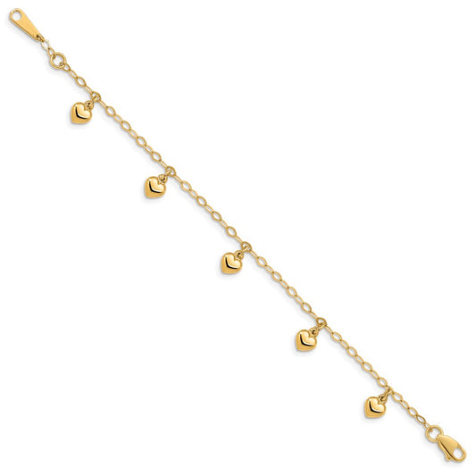 14k Yellow Gold Puffed Heart Charm Bracelet