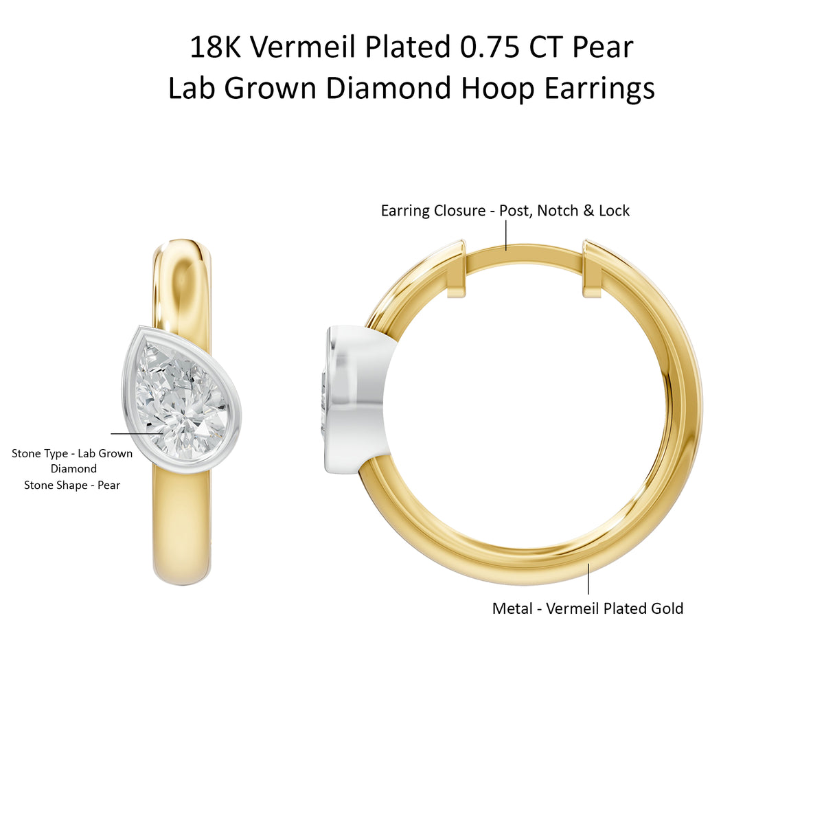 14k Yellow Gold or 18K Gold Vermeil 0.75 Ct Pear Lab Grown Diamond Hoop Earrings