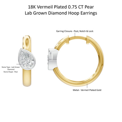 14k Yellow Gold or 18K Gold Vermeil 0.75 Ct Pear Lab Grown Diamond Hoop Earrings
