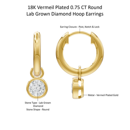 14k Yellow Gold or 18K Gold Vermeil 0.75 Ct Round Lab Grown Diamond Hoop Earrings