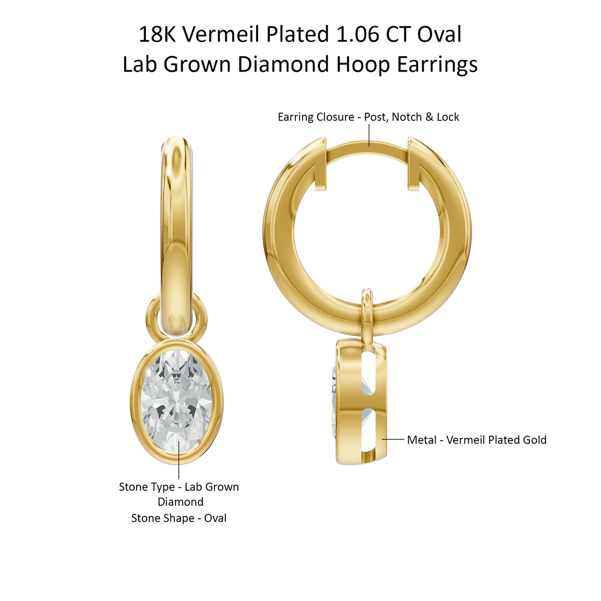 14k Yellow Gold or 18K Gold Vermeil 1.06 Ct Oval Lab Grown Diamond Hoop Earrings