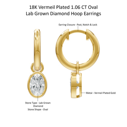 14k Yellow Gold or 18K Gold Vermeil 1.06 Ct Oval Lab Grown Diamond Hoop Earrings